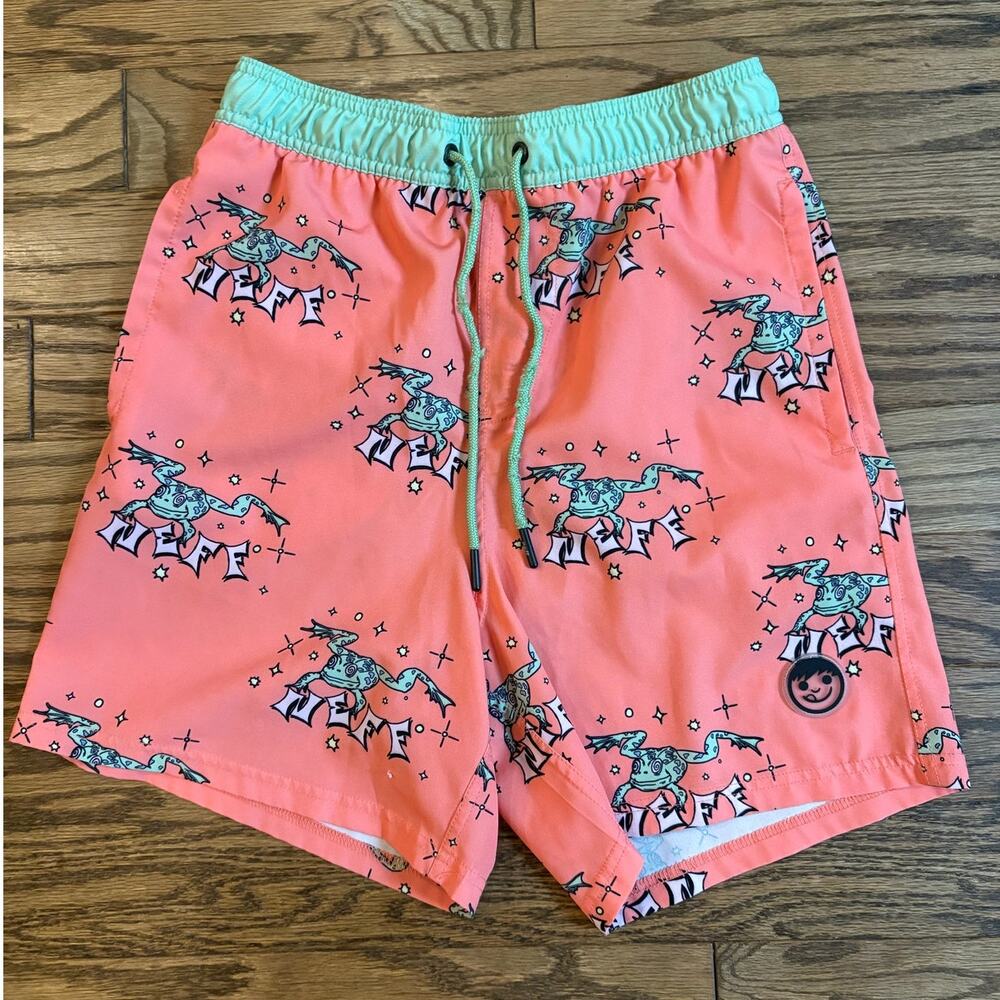Neff MENS Medium Trippy Frog Pink Salmon Swim Trunks Stretch Boardshorts Pockets
